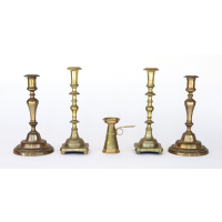 Lot 98: Five Antique Brass Candlesticks