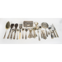 Lot 128: Silver Box, Serving Plates, Coin Flatware