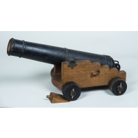 carved, wood, ship, model, cannon