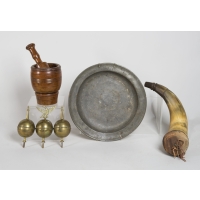 mortar, pestle, pewter, powder horn