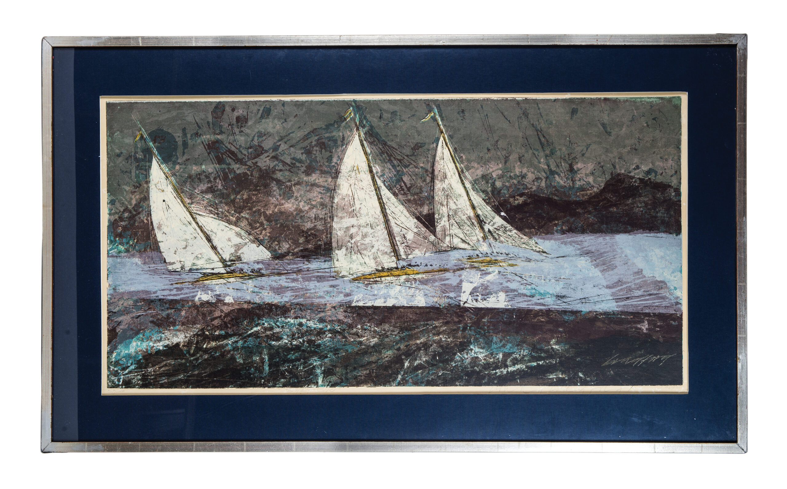 litho, print, sailboats, silent blue