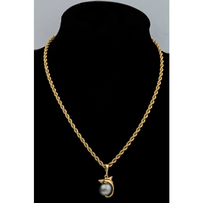 14k, gold, chain, dolphin, black, pearl