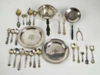 Sterling Pan, Tea Strainer, Plates, Tongs, Flatware