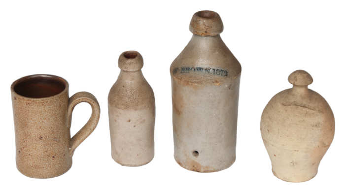 Stoneware Bottles, Mug, and Bank