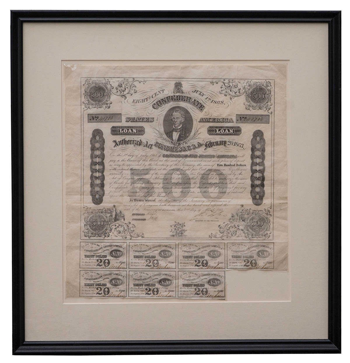 Lot 110B: Two Framed and Matted Confederate Money and Bonds